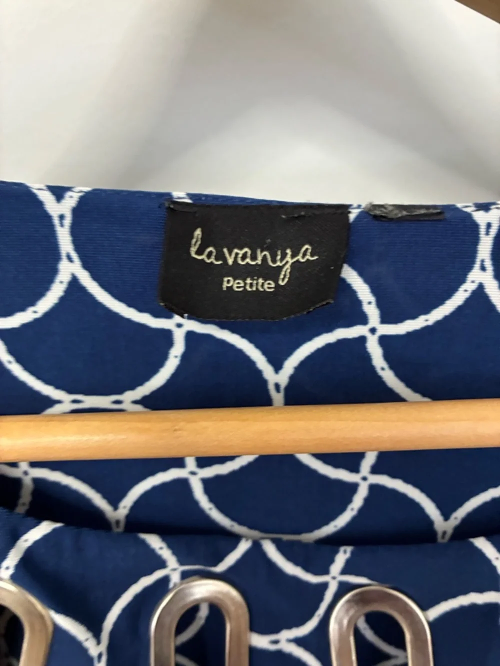 Navy & White Geometric Tunic with metal Accent Neckline. Flattering Feminine - Picture 5 of 11